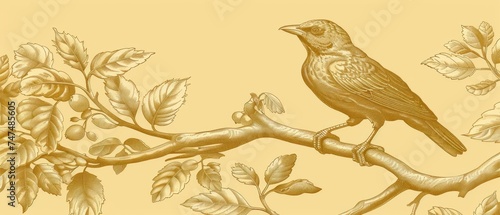 a drawing of a bird sitting on a branch of a tree with leaves and acorns on a yellow background.