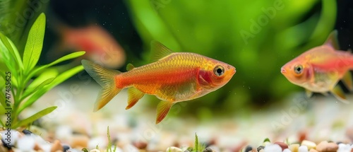 a close up of a fish in a tank of water with plants and rocks in the foreground and another fish in the background. photo