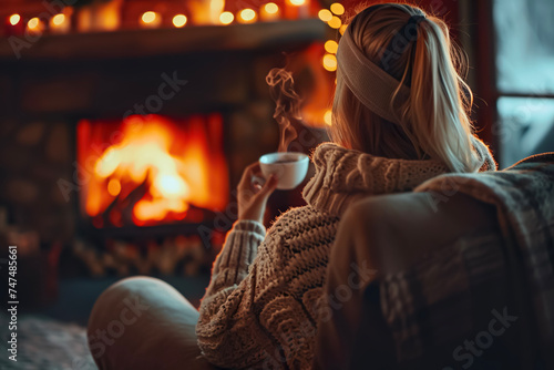 girl enjoying a cup of tea in a cozy armchair by the fireplace