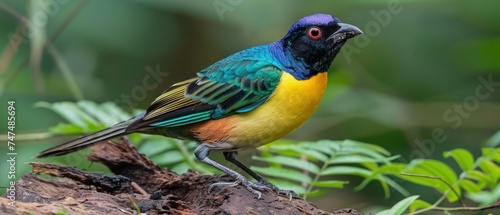 a colorful bird sitting on top of a tree branch next to a green leafy tree branch in front of a blurry background.