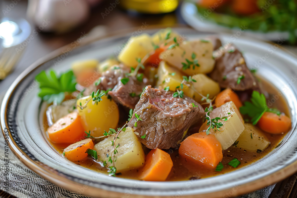 A plate of pot-au-feu, a classic French beef stew made with vegetables and herbs A plate of pot-au-feu, a classic French beef stew made with vegetables and herbs