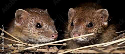 a couple of brown mice sitting next to each other on top of a pile of dry grass next to each other. © Jevjenijs
