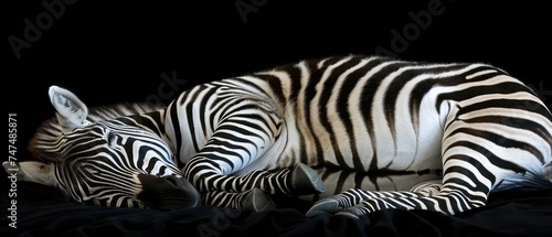 a couple of zebras laying next to each other on a black surface with their heads touching the back of each other.