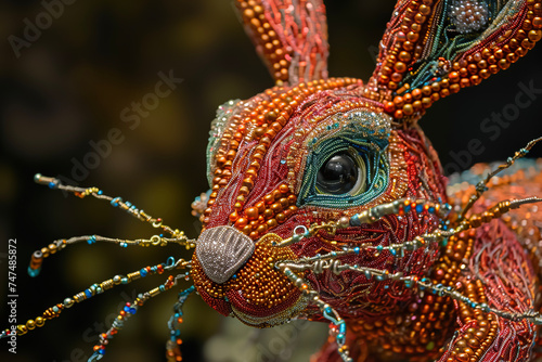 A sculpture of a rabbit, made of wire and beads