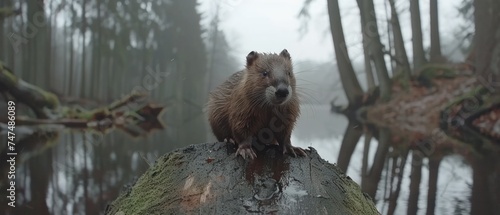 a small animal sitting on top of a log in the middle of a forest next to a body of water. photo