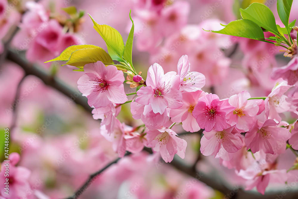 Obraz premium a cherry blossom tree with pink flowers and green leaves