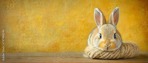 a rabbit sitting on top of a rope on top of a wooden table with a yellow wall in the background.
