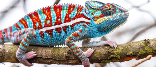 a colorful chamelon sitting on top of a tree branch in front of a tree branch with no leaves.
