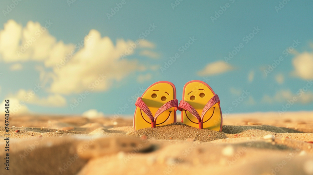 flip flops showing funny face, summer holiday concept - obrazy, fototapety, plakaty 