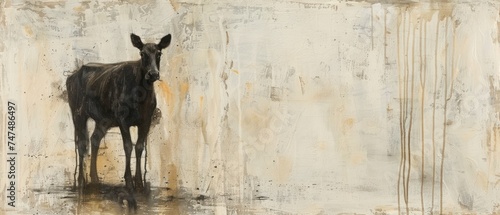 a painting of a deer standing in front of a wall with paint splattered on it's walls. photo