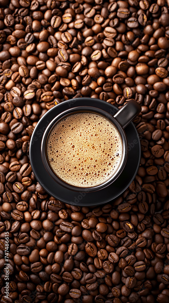 Freshly Brewed Coffee in Cup on Coffee Beans Background Freshly Brewed Coffee in Cup on Coffee Beans Background