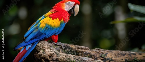 a colorful parrot sitting on top of a tree branch next to a green leafy forest in front of a black background. © Jevjenijs