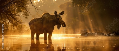 a moose standing in the middle of a body of water with the sun shining through the trees in the background.