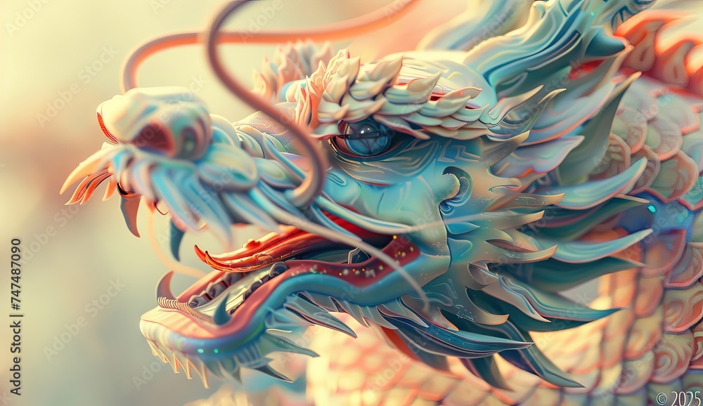 golden chinese dragon, in the mountain valley with snow, red futurist elements - obrazy, fototapety, plakaty 