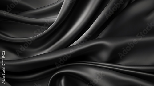 Black gray satin dark fabric texture luxurious shiny that is abstract silk cloth panorama background with patterns soft waves blur beautiful