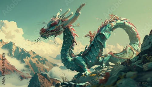 golden chinese dragon, in the mountain valley with snow, red futurist elements