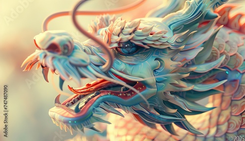 golden chinese dragon, in the mountain valley with snow, red futurist elements