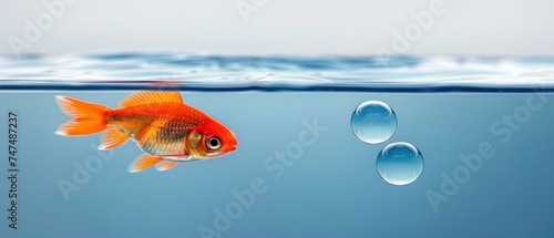 a goldfish swimming in the water next to a pair of water droplet's on the surface of the water. photo