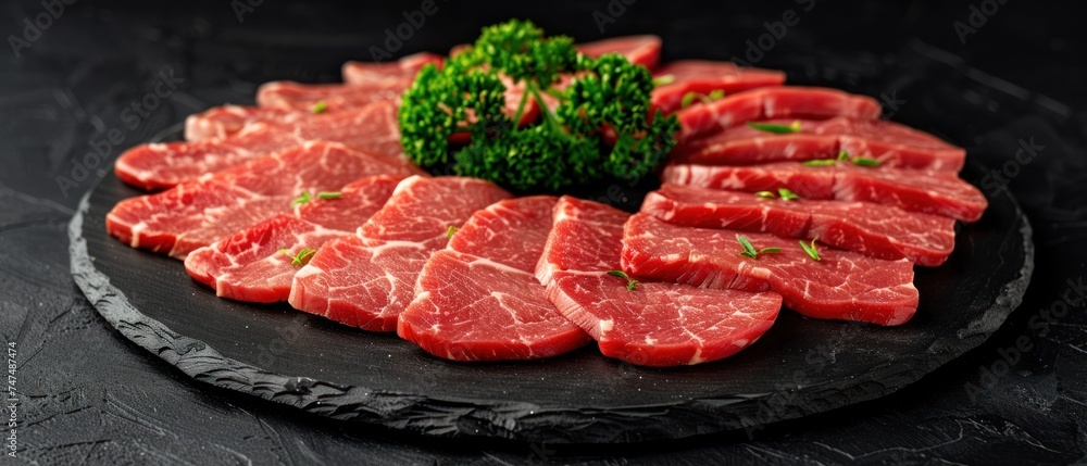 a platter of raw meat and broccoli on a black stone platter on a black stone table.