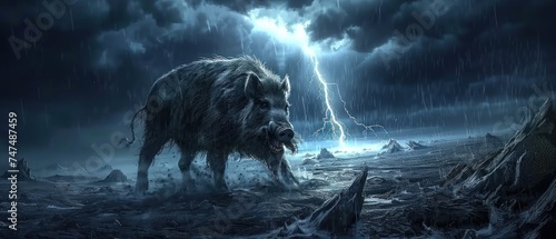 a large animal standing on top of a rocky field under a cloudy sky with a lightning bolt in the distance.