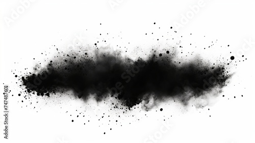 Black particles explosion isolated on white background.  Abstract dust overlay texture photo