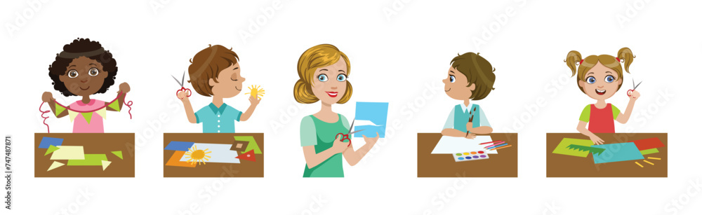 Happy Children Enjoy Craft and Artistic Hobby Vector Set Happy Children Enjoy Craft and Artistic Hobby Vector Set