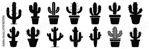 Cactus desert silhouettes set, large pack of vector silhouette design, isolated white background