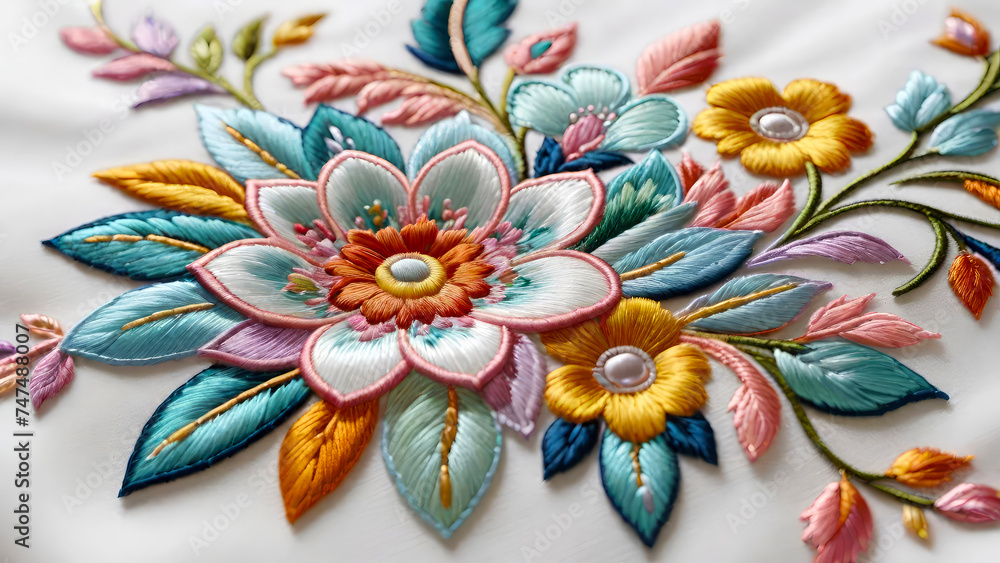 Embroidery pattern with beautiful flowers. Floral ornament on white background for fashion products. Elegant design for print fabric or paper and more.
Generative AI