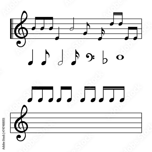 Set of music notes and symbols, isolated vector illustration.