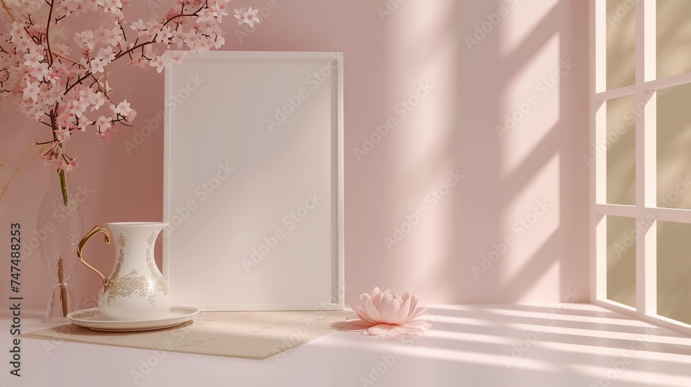 a vase with a flower and a blank picture frame a vase with a flower and a blank picture frame