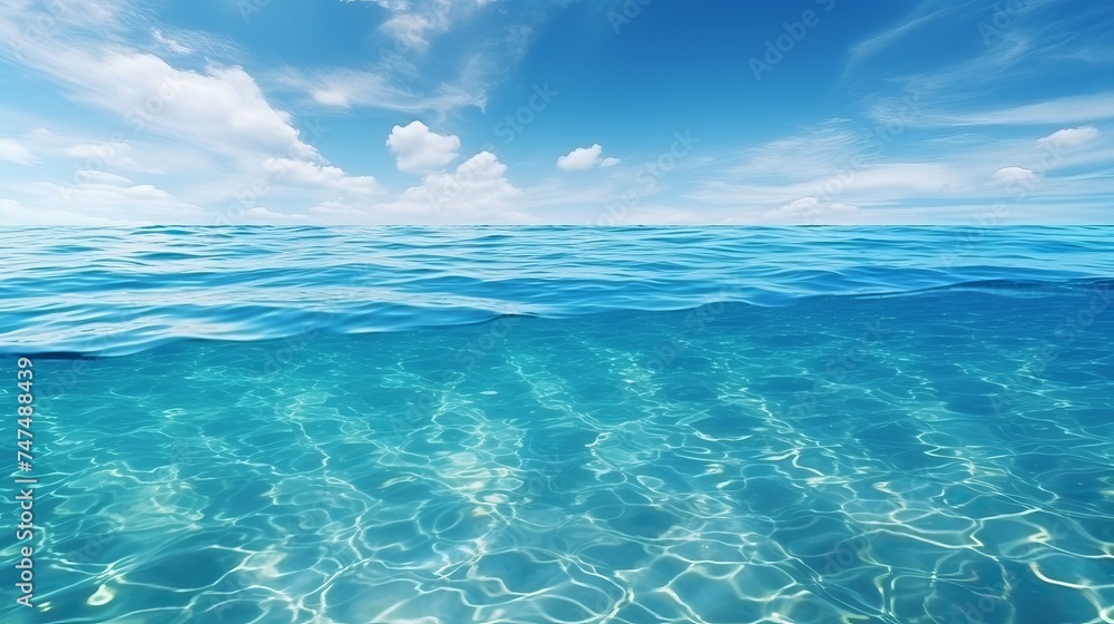 Obraz premium Blue sea or ocean water surface and underwater with sunny and cloudy sky