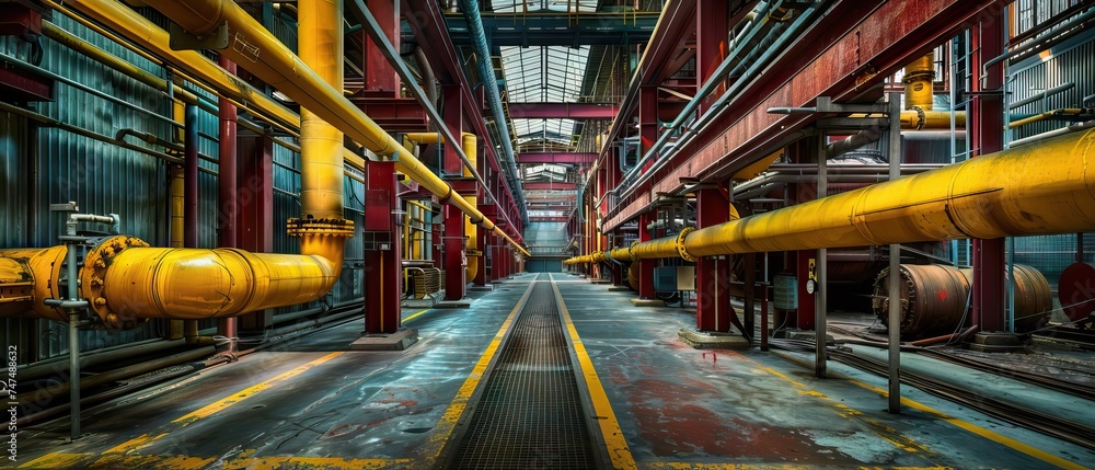 corridor of the factory, industrial pipelines, light azure, amber, creations, maroon and yellow 