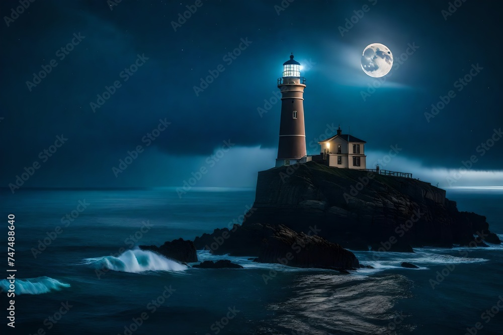 a moonlit seascape with a lighthouse perched on a rocky outcrop