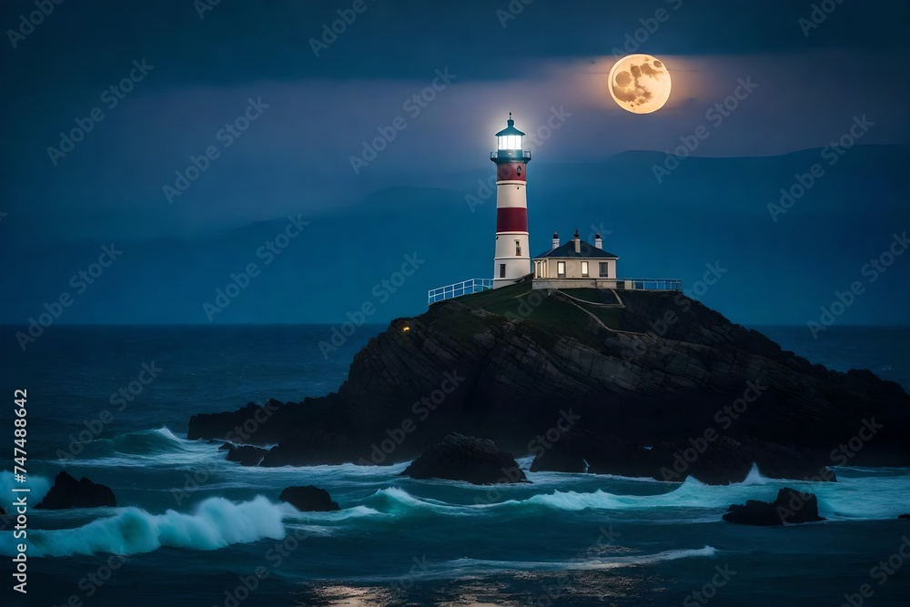 a moonlit seascape with a lighthouse perched on a rocky outcrop