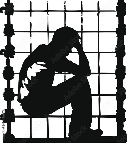 Silhouette prisoner in jail black color only full body