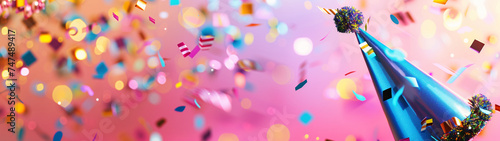 Birthday hat and confetti for a birthday party banner with copy space, created with generative AI technology photo