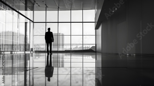 Silhouette of a man in modern glass building - The silhouette of a lone man standing in a high contrast modern glass building conveys solitude and reflection