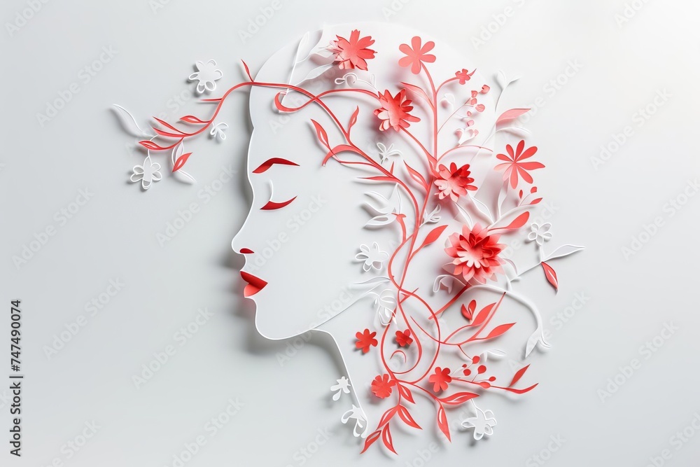 Artistic paper cut illustration of woman's face intertwined with flowers. creativity and femininity for international women's day Artistic paper cut illustration of woman's face intertwined with flowers. creativity and femininity for international women's day