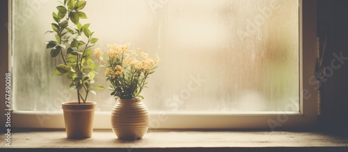 A couple of vases, one tall and one short, sitting on a white window sill. Next to them, a small plant adds a touch of greenery. The scene is bathed in soft, filtered light. © Lasvu
