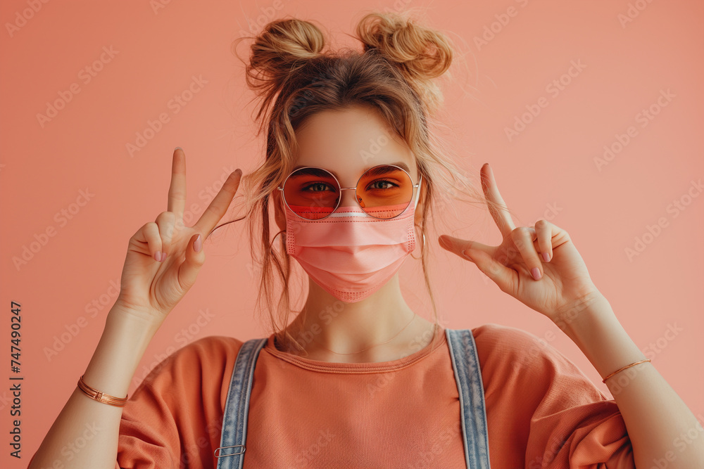 Young Woman Gesturing Peace Sign Wearing Mask and Sunglasses Young Woman Gesturing Peace Sign Wearing Mask and Sunglasses