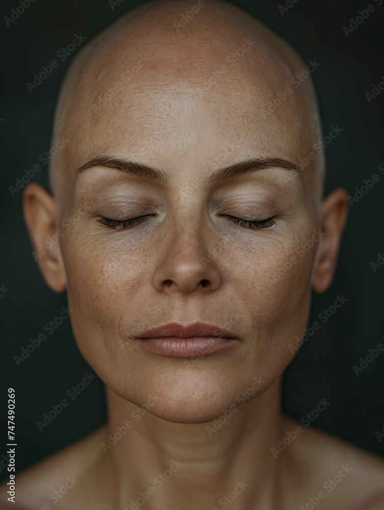 Retrato de Mujer Calva con ojos cerrados y expresión serena - obrazy, fototapety, plakaty 