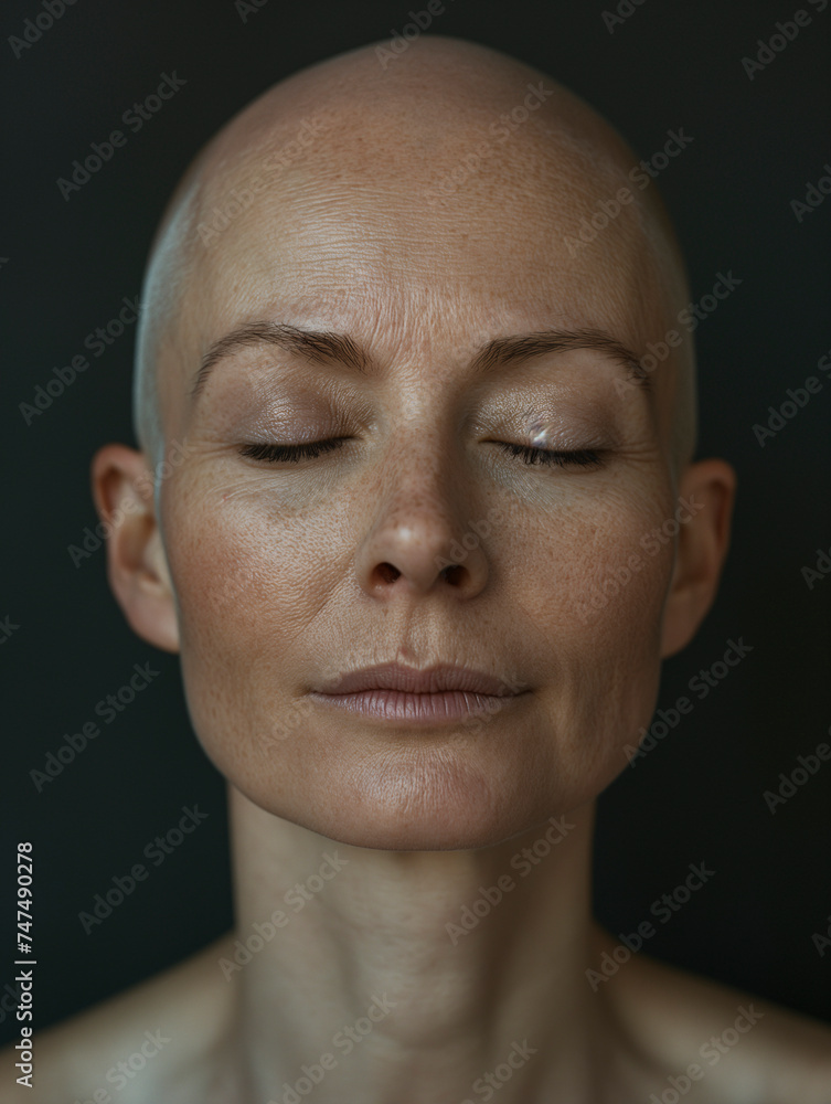 Retrato de Mujer Calva con ojos cerrados y expresión serena - obrazy, fototapety, plakaty 