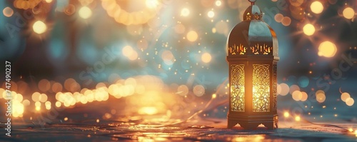 Celebration of islamic eid mubarak and eid al adha lantern in a light background. photo