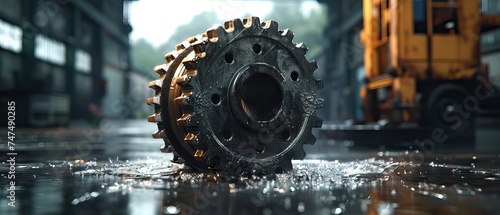 factory wheel dribbled by water in the rain