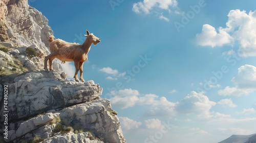 Mountain goat standing majestically on cliffs - A lone mountain goat stands confidently on a rocky outcrop against a clear blue sky  symbolizing freedom and strength