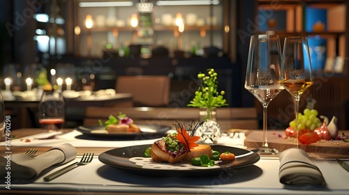 Fine Dining Spread on Sophisticated Table - An exquisite culinary presentation on a dining table set against a refined  upscale restaurant backdrop