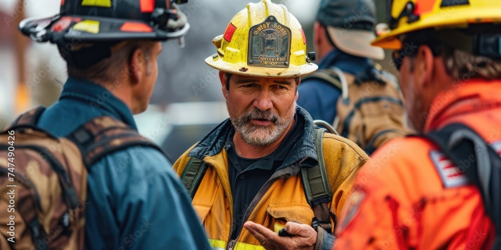 Obraz premium International Firefighters Day, a male firefighter talks with colleagues, the concept of dangerous and risky professions