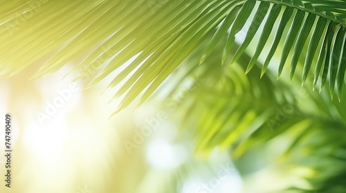 Blur beautiful nature green palm leaf on tropical beach with bokeh sun light wave abstract background. © Shabnam
