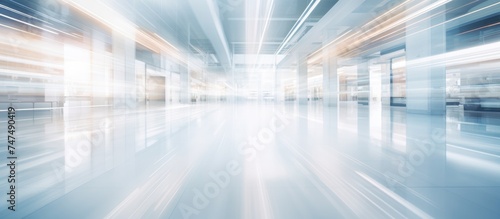 The image depicts a blurry hallway inside a building. The walls and ceiling are indistinct  creating a sense of movement and depth within the hallway. 