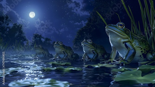 Frogs congregating by moonlit pond - A serene nocturnal scene capturing multiple frogs by a pond under a starry sky illuminated by the full moon